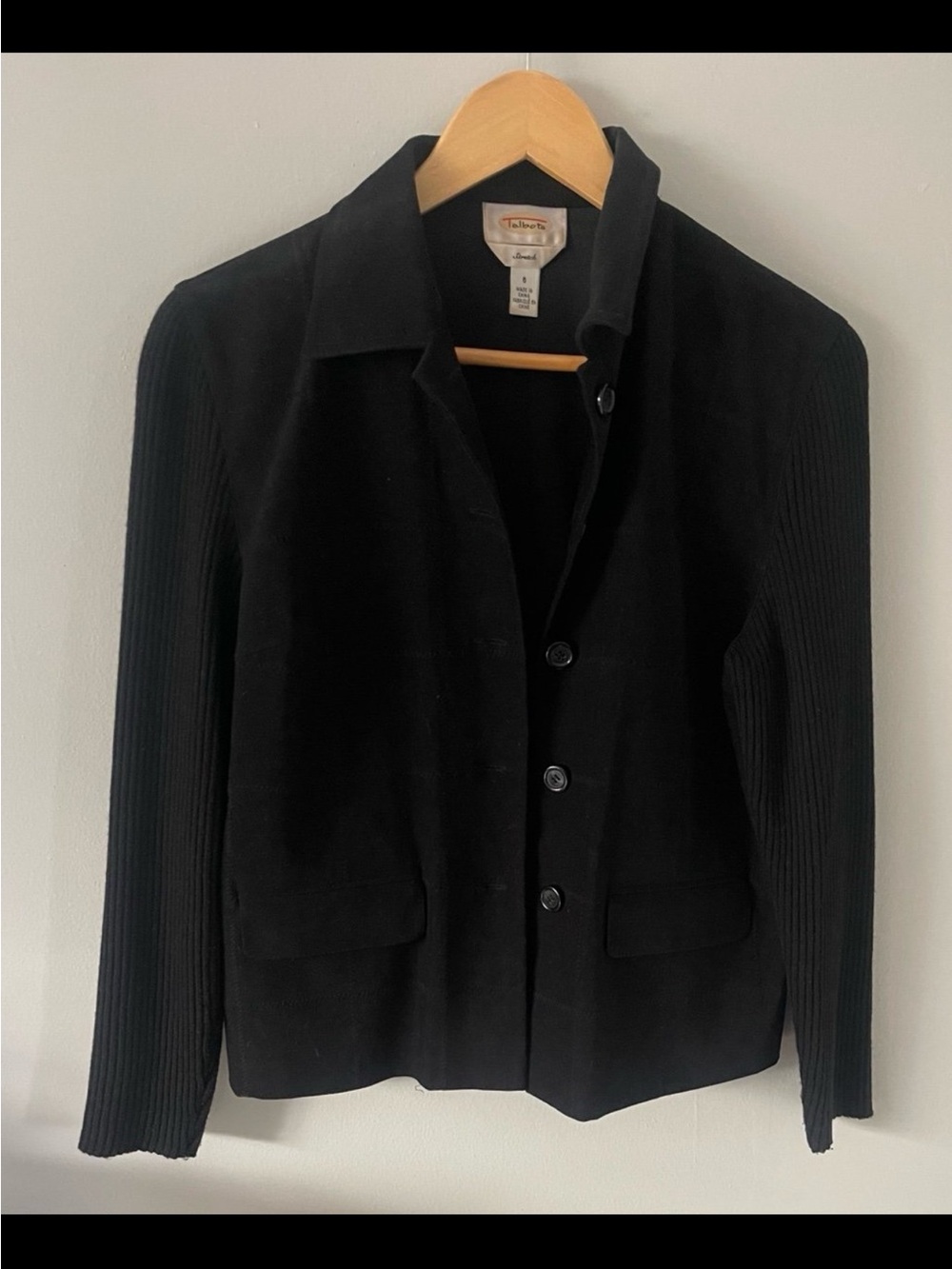 Talbots wool blend black Faux suede knit sweater jacket size small